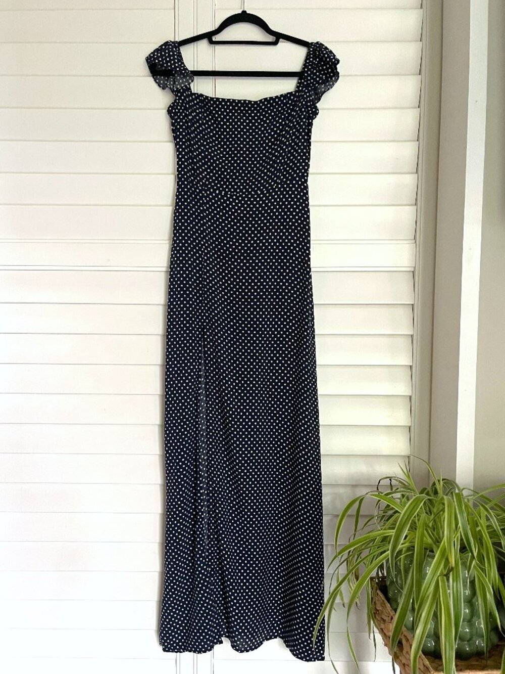 Lulus Dream Love Navy Blue Polka Dot Off the Shoulder Maxi Sundress Size Large - Picture 4 of 12